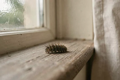 Petite chenille velue rampant sur le rebord d'une fenêtre en bois à l'intérieur d'une maison