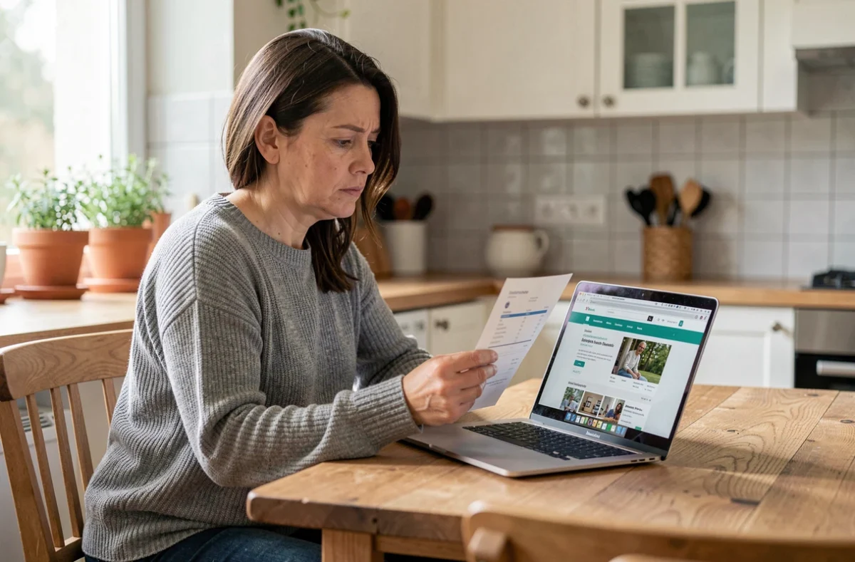 Femme consultant des avis clients sur Eco Habitat Energie depuis son ordinateur portable dans une cuisine moderne