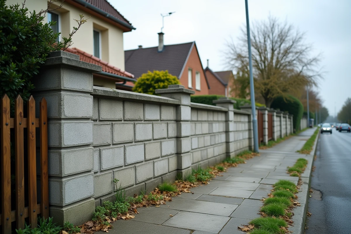 Clôture en béton non conforme au PLU dépassant la hauteur réglementaire dans un quartier résidentiel