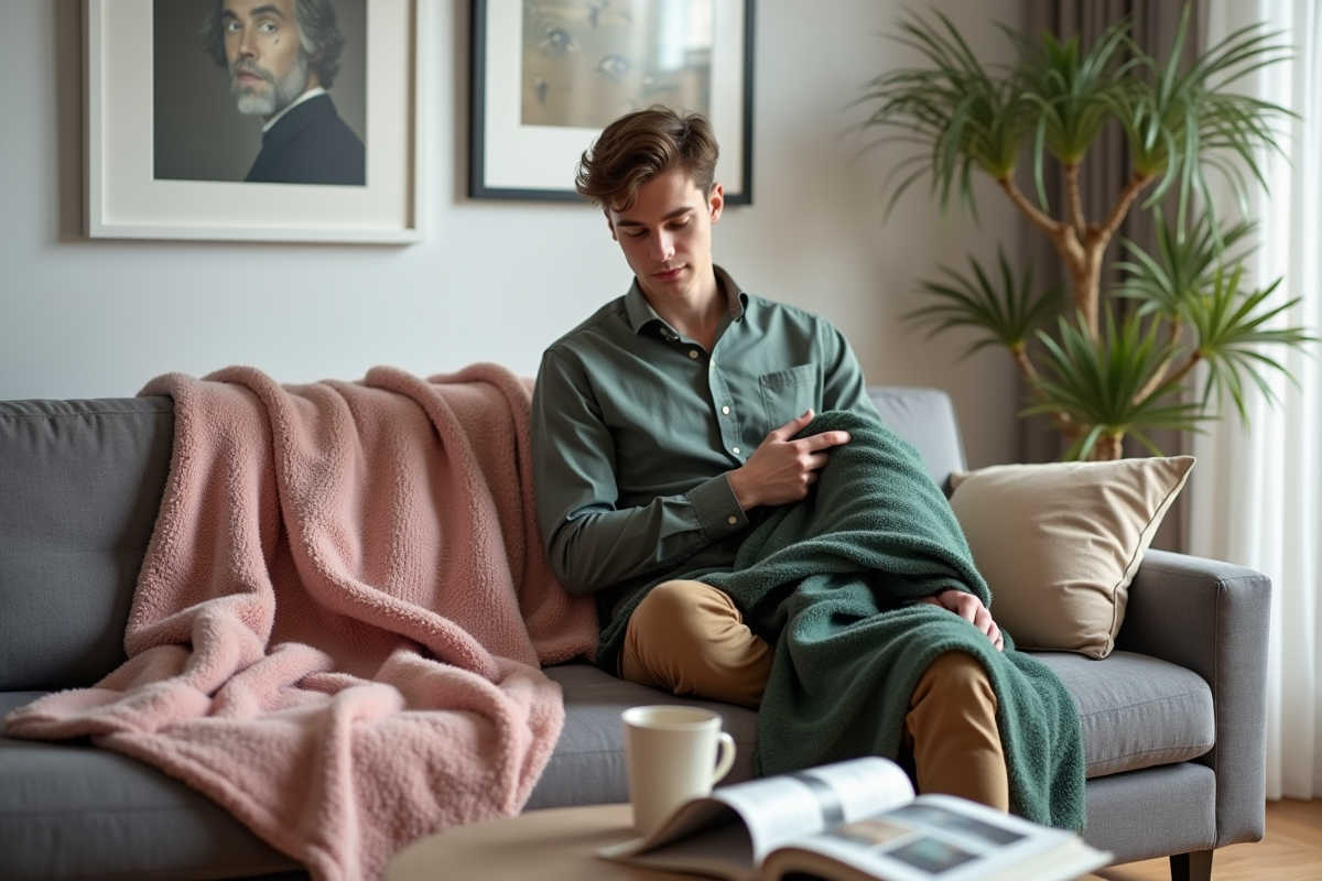 Coin salon avec canapé gris et plaids colorés en décoration