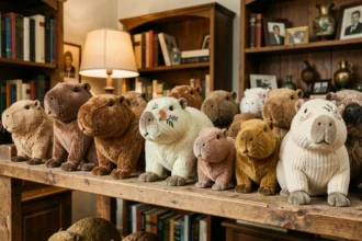 Collection de peluches capybara rares exposées sur une étagère en bois dans une chambre de collectionneur