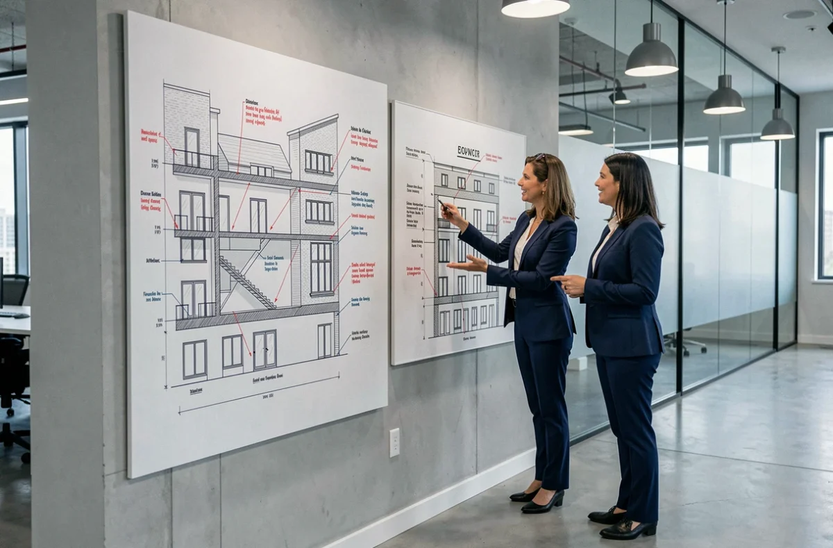 Deux architectes comparant un plan en coupe et un plan de façade de maison affichés côte à côte sur un mur de bureau