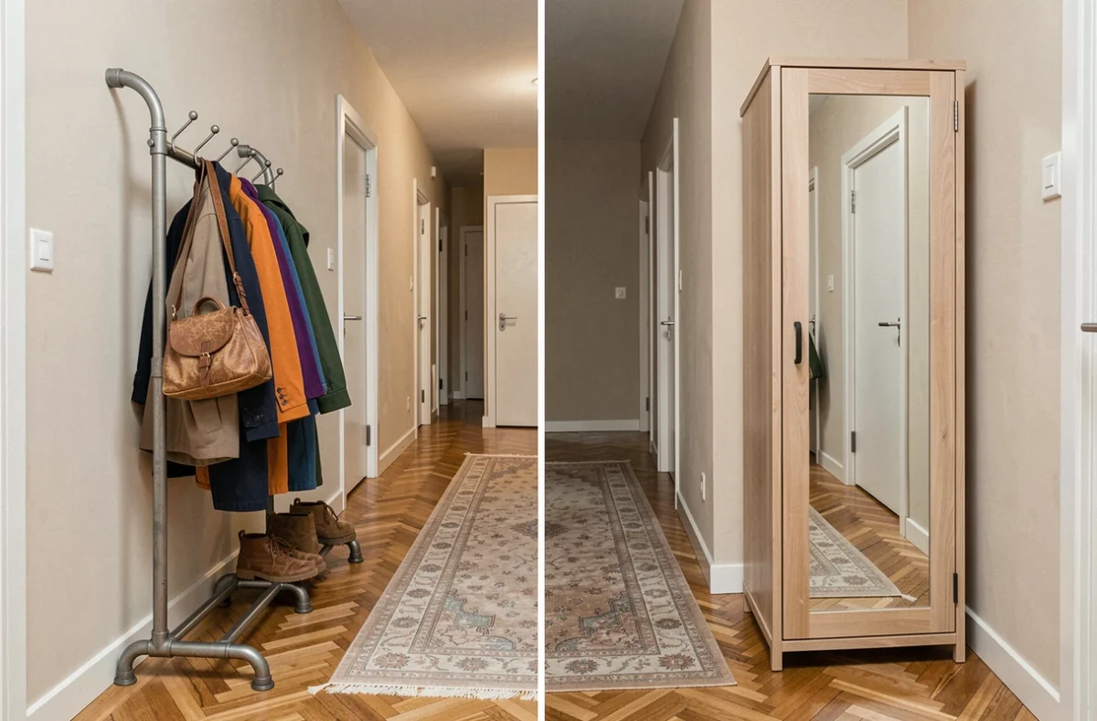 Comparaison entre un porte-manteaux industriel ouvert et un vestiaire fermé à miroir dans un couloir d'entrée parisien