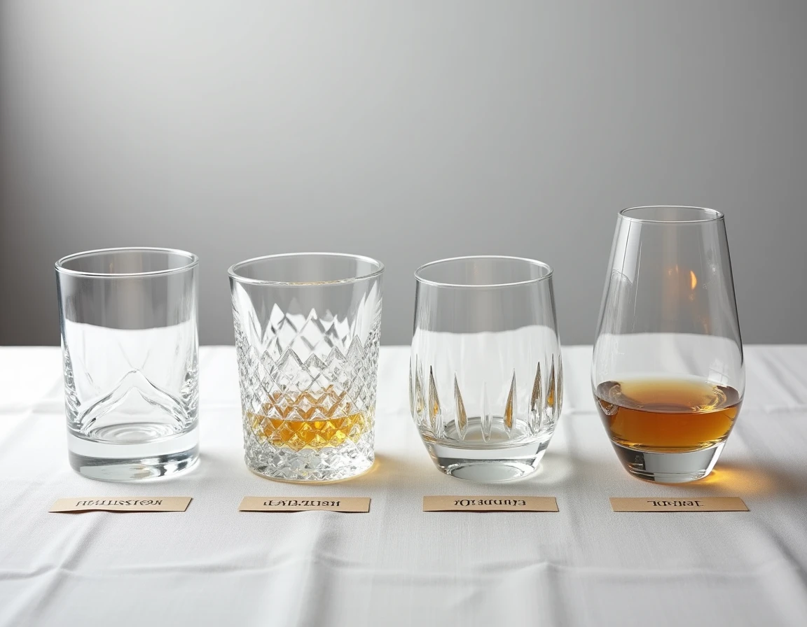 Quatre styles différents de verres en cristal pour whisky disposés en flat lay sur un tissu lin gris avec des étiquettes descriptives pour comparer leur qualité