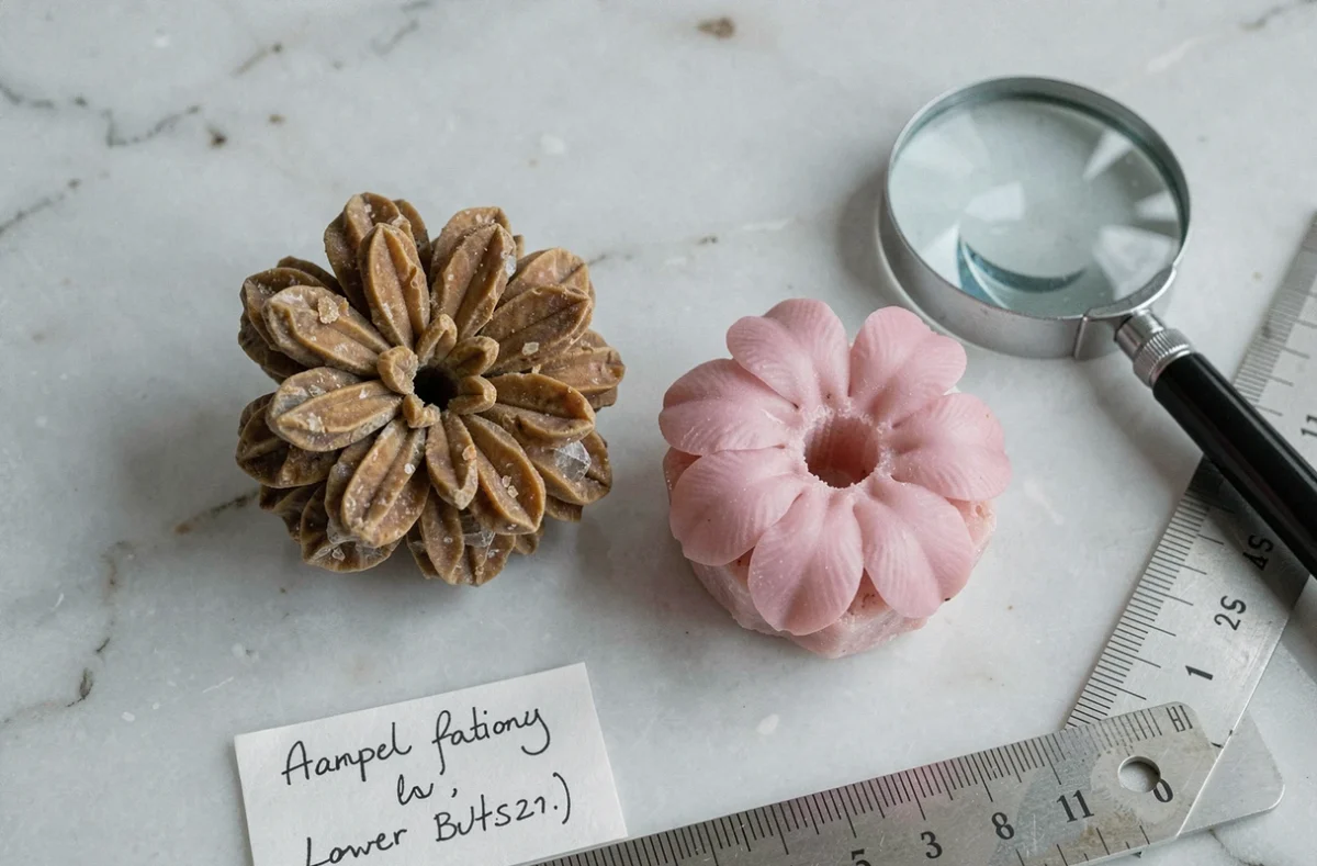 Comparaison entre une vraie pierre rose des sables et une imitation de mauvaise qualité posées sur une surface en marbre