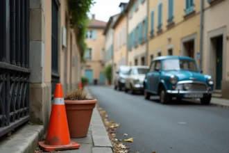 Cône de signalisation et pot de fleurs posés sur le trottoir pour réserver une place de stationnement devant une maison en France