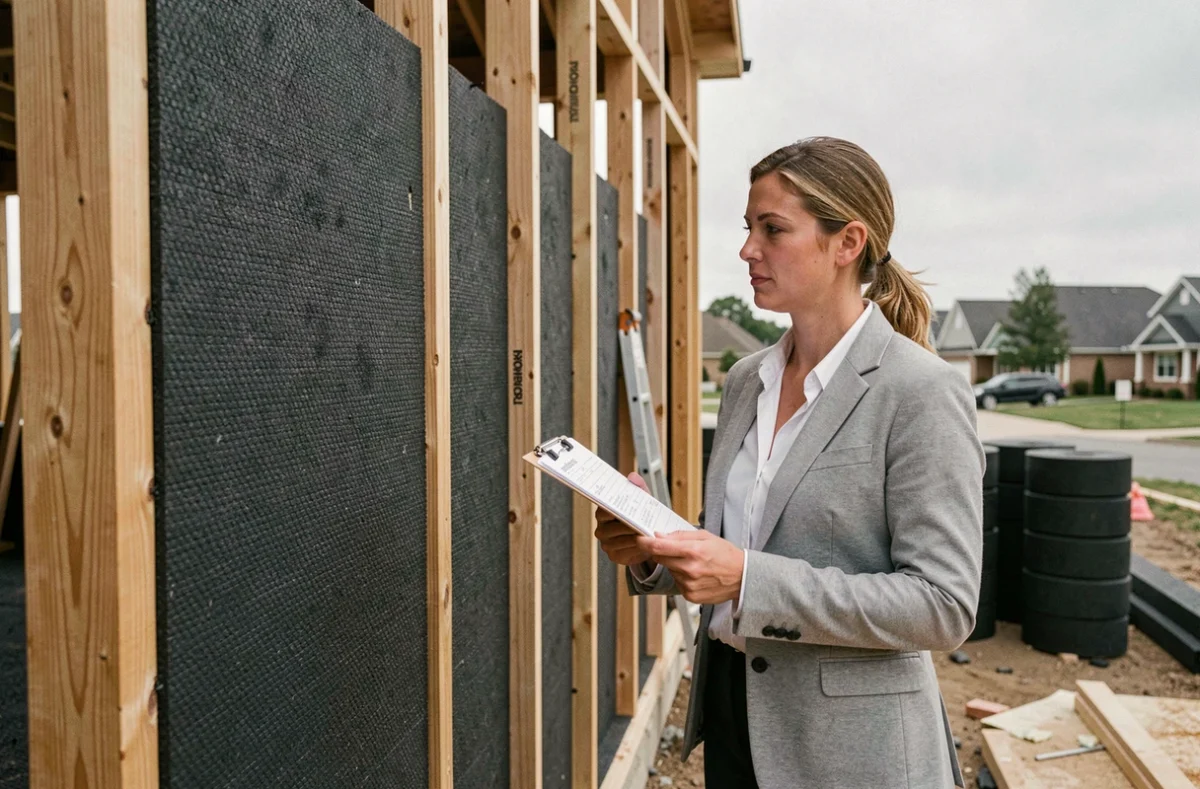 Conseillère en isolation examinant des panneaux TRISO Noir sur un chantier de construction résidentielle