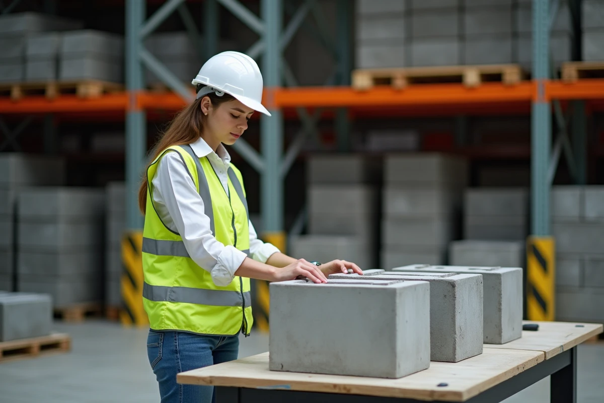 Ingénieure vérifiant blocs de construction en entrepôt