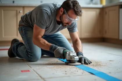 Artisan utilisant une meuleuse à disque diamant pour couper une dalle béton sans abîmer le carrelage existant dans une cuisine en rénovation