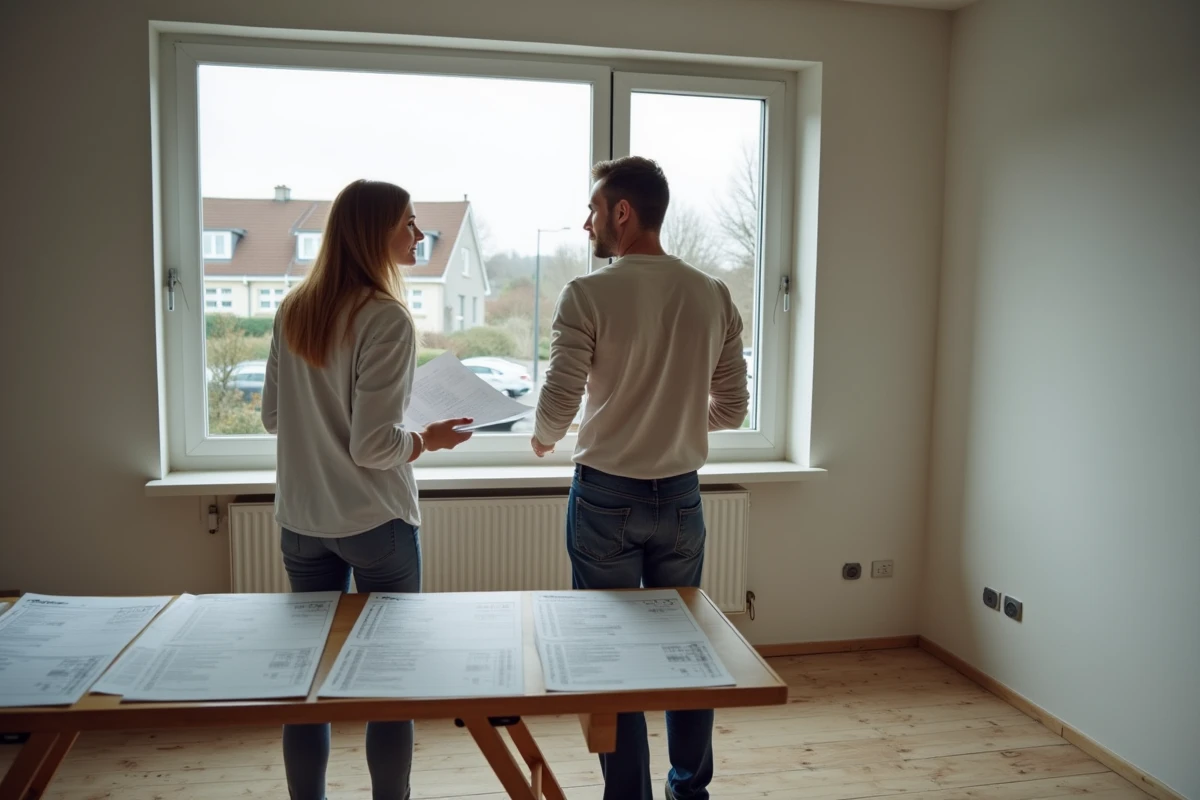 Couple comparant deux devis de rénovation posés sur un établi dans un salon belge vide en cours de travaux