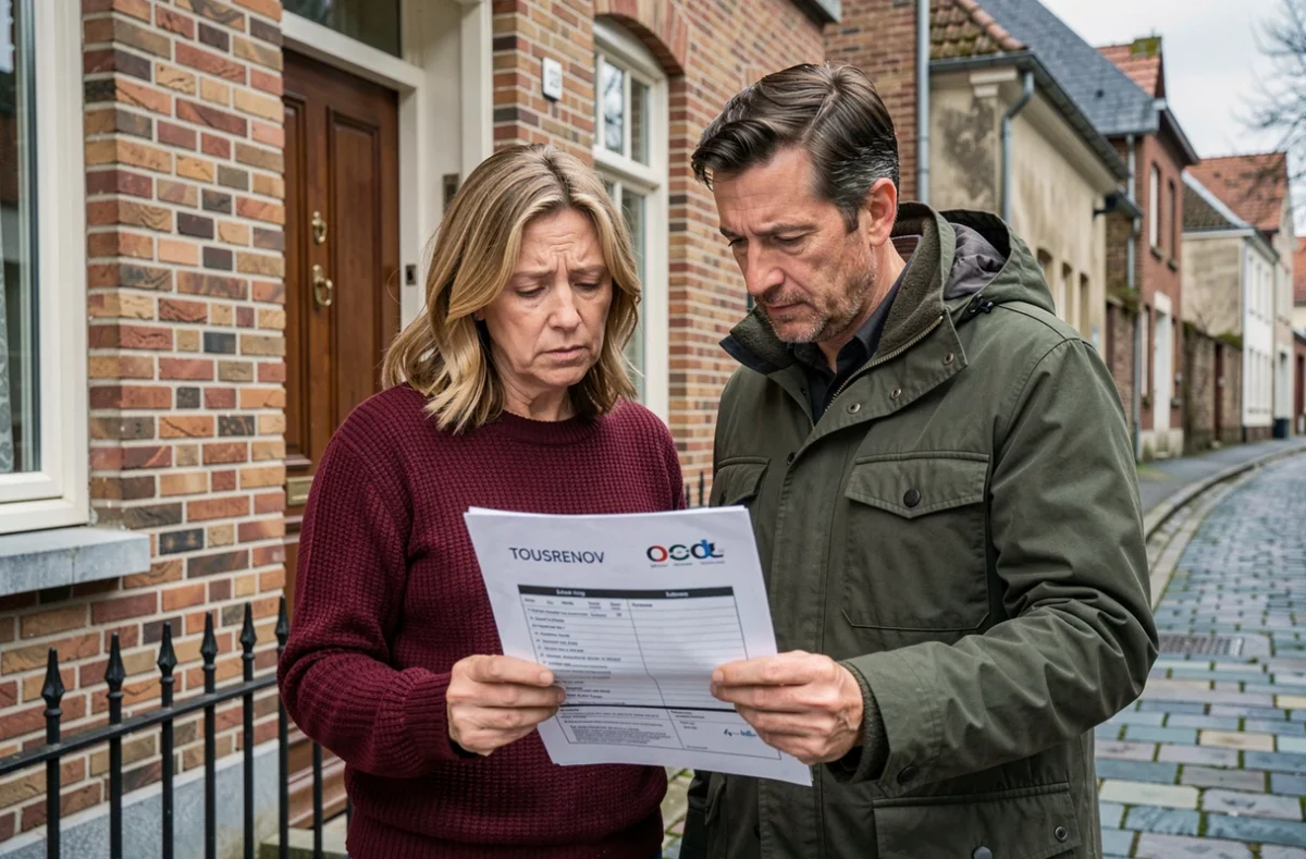 Couple belge consultant un devis gratuit de rénovation devant leur maison à rénover avant 2026