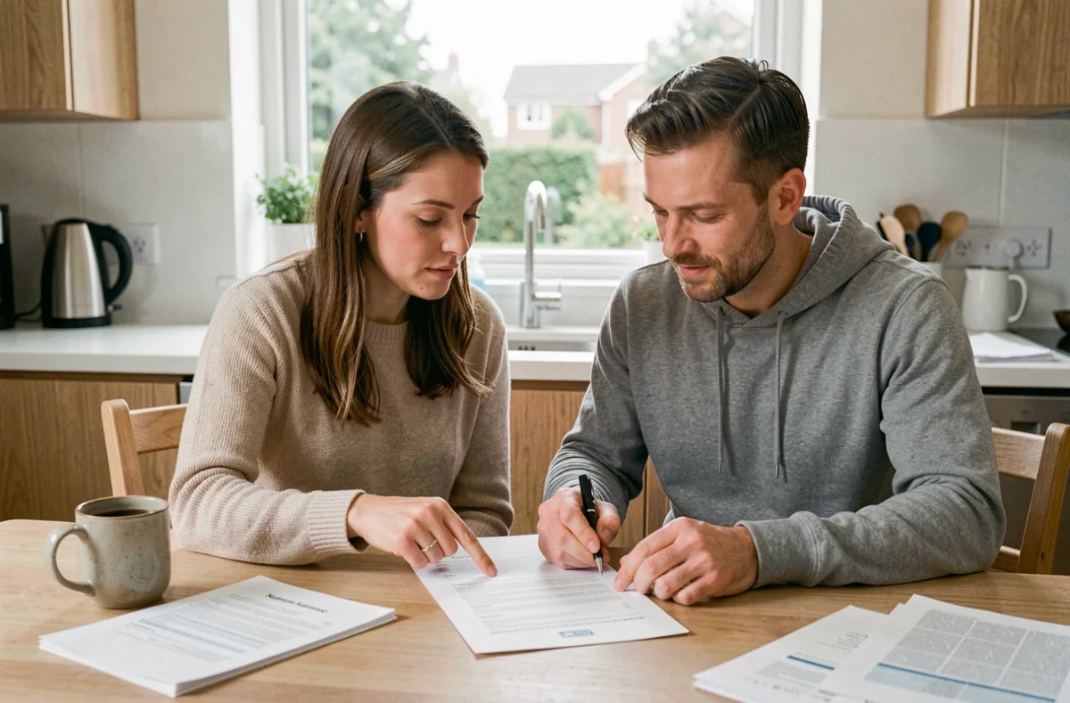 Couple examinant un contrat annuel d'entretien chauffe-eau à la table de la cuisine