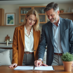 Couple d'adultes dans un salon moderne examinant un dossier
