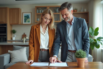 Couple d'adultes dans un salon moderne examinant un dossier