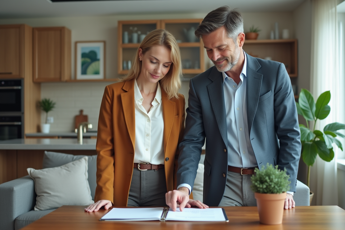 Couple d'adultes dans un salon moderne examinant un dossier