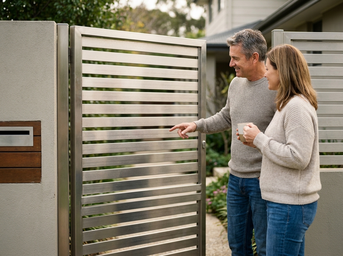 Couple devant un portail aluminium à lames horizontales semi-ajourées évaluant le niveau d'intimité de leur entrée