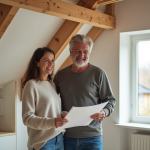 Couple souriant dans un atelier rénové avec bibliothèque