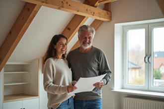 Couple souriant dans un atelier rénové avec bibliothèque