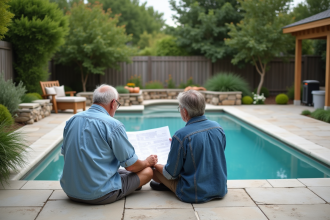 Couple d'adultes planifiant la rénovation de la piscine dans le jardin
