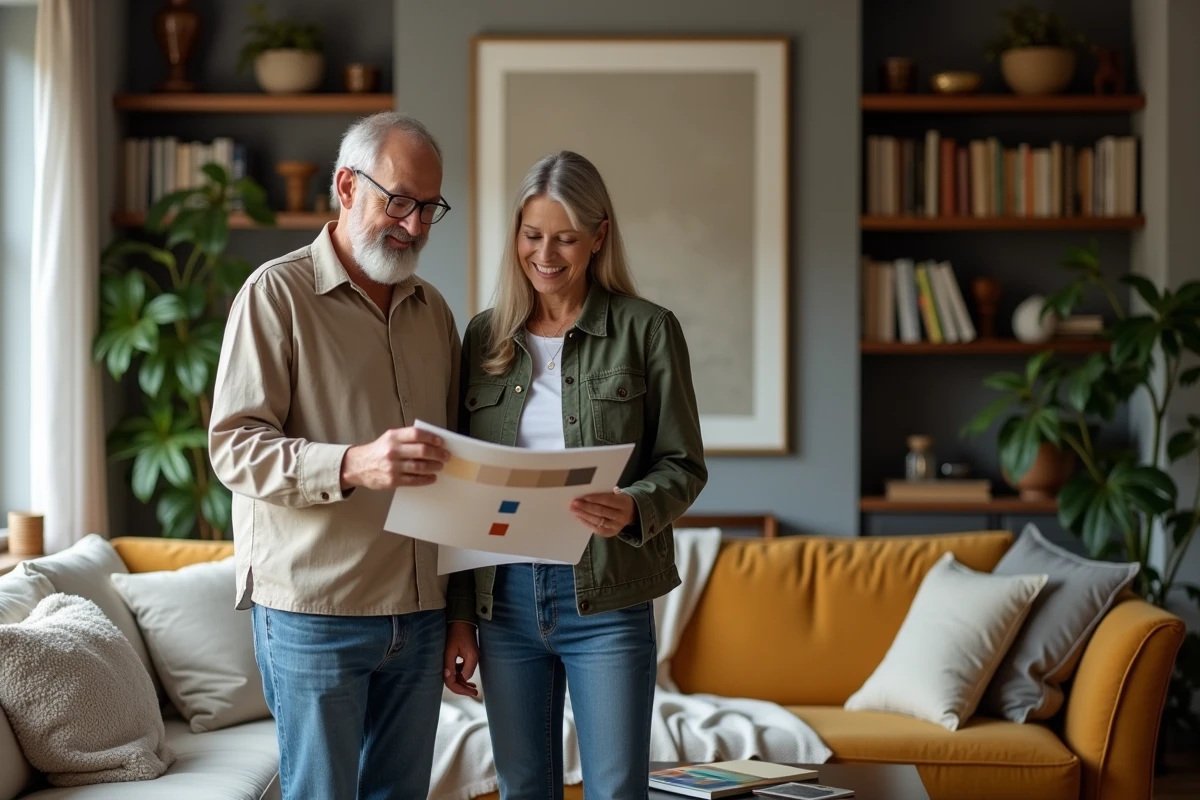 Couple examinent des échantillons de tissus dans leur salon