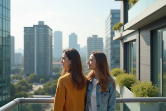 Jeune couple sur terrasse urbaine avec vue sur la ville