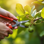 Mains cueillant une figue dans un jardin ensoleille avec des feuilles vertes