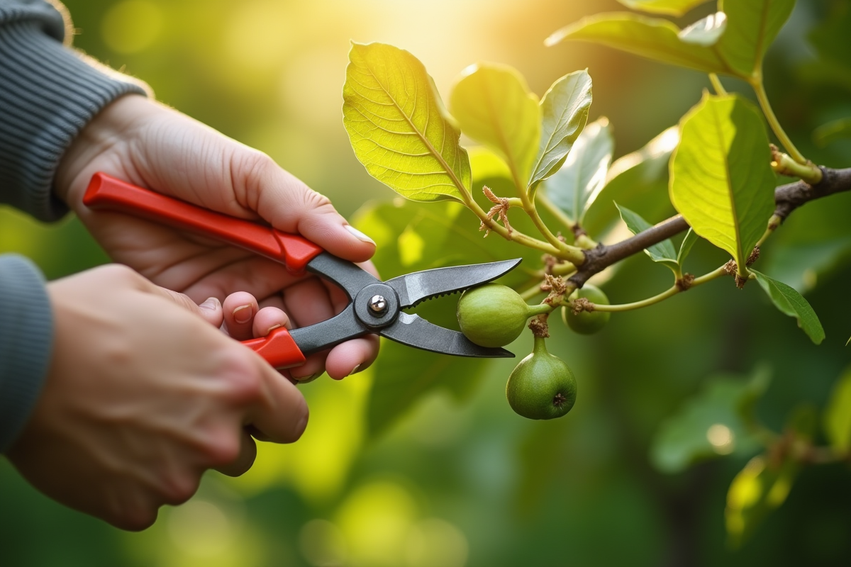 Mains cueillant une figue dans un jardin ensoleille avec des feuilles vertes