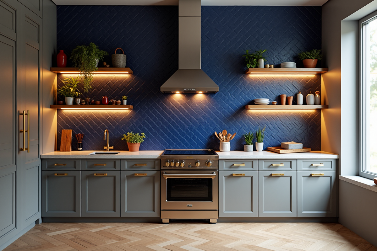 Cuisine élégante avec carrelage géométrique bleu et or