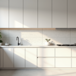 Cuisine moderne avec crédence terrazzo et lumière naturelle