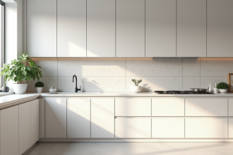 Cuisine moderne avec crédence terrazzo et lumière naturelle