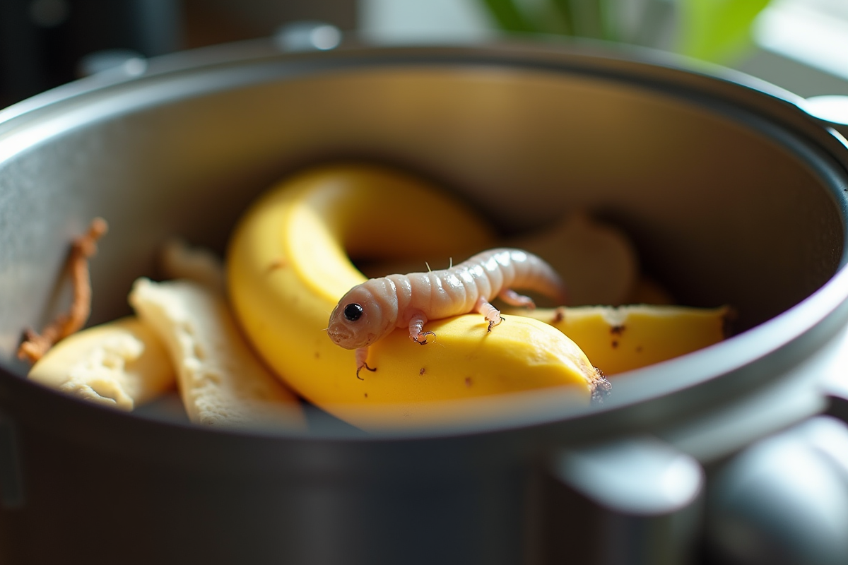 Zoom sur une poubelle de cuisine avec un ver sur une peau de banane