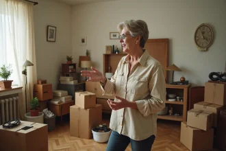 Femme triant des objets dans un salon encombré lors d'un débarras de maison avec rachat d'objets