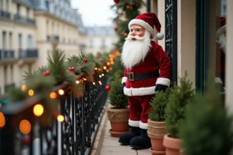 Balcon parisien décoré pour Noël avec un grand père Noël figurine, guirlandes lumineuses et plantes en pot enneigées