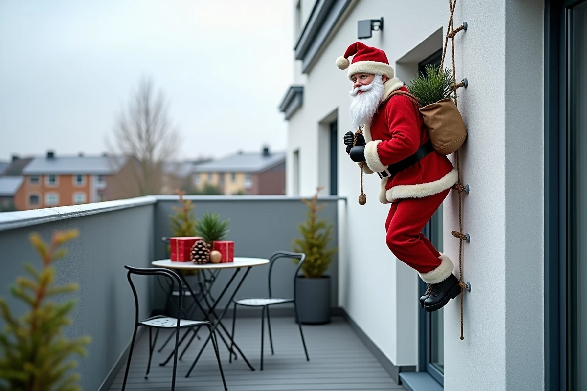 Terrasse moderne avec décoration père Noël grimpant sur le mur et table de jardin habillée pour les fêtes