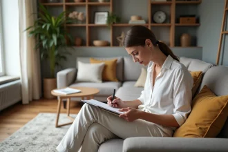 Décoratrice intérieure en train de dessiner dans un salon moderne