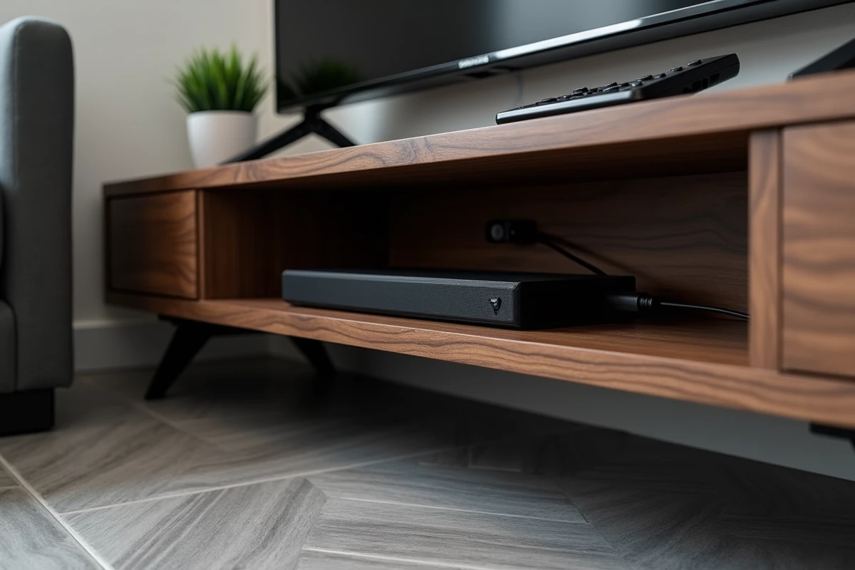 Détail d'un meuble TV d'angle en finition noyer avec rangements et gestion des câbles dans un salon compact