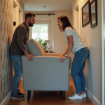 Un couple déplace un canapé dans un couloir lumineux