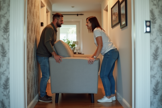 Un couple déplace un canapé dans un couloir lumineux