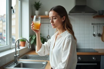 Jeune mère tenant un verre d'eau du robinet jaune dans une cuisine moderne, expression inquiète