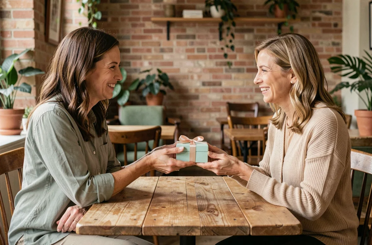 Deux femmes échangeant un cadeau boîte à bijoux personnalisée dans un café rustique, moment d'émotion partagée