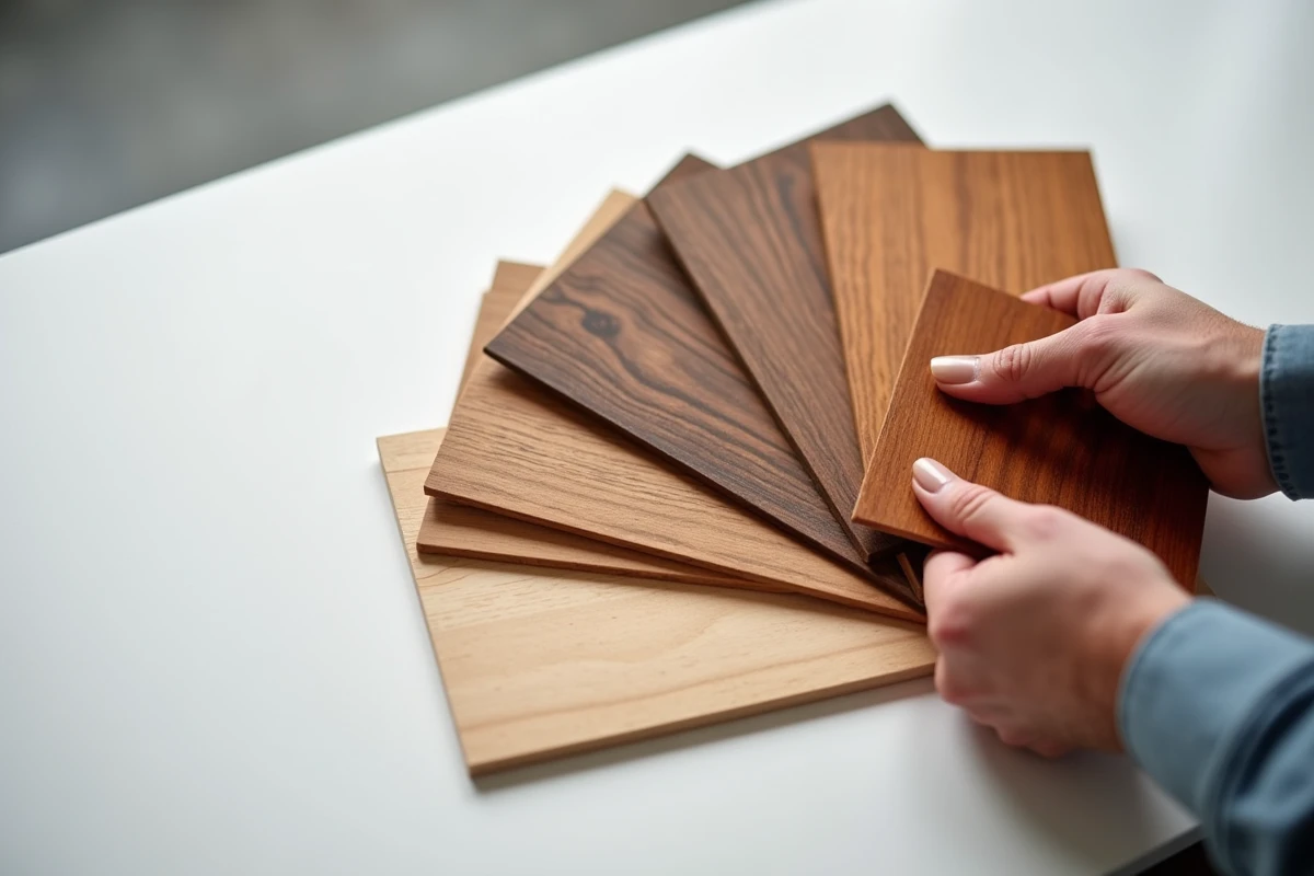 Échantillons de placage bois variés en chêne, noyer, cerisier et érable présentés en éventail sur surface blanche