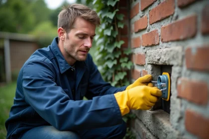 Électricien installant une prise murale extérieure IP44 sur une façade en pierre humide dans un jardin résidentiel