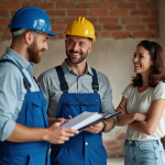 Entrepreneur en rénovation discutant avec un couple dans un salon en travaux