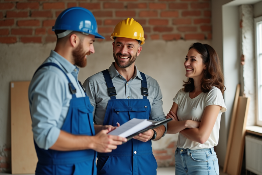Entrepreneur en rénovation discutant avec un couple dans un salon en travaux