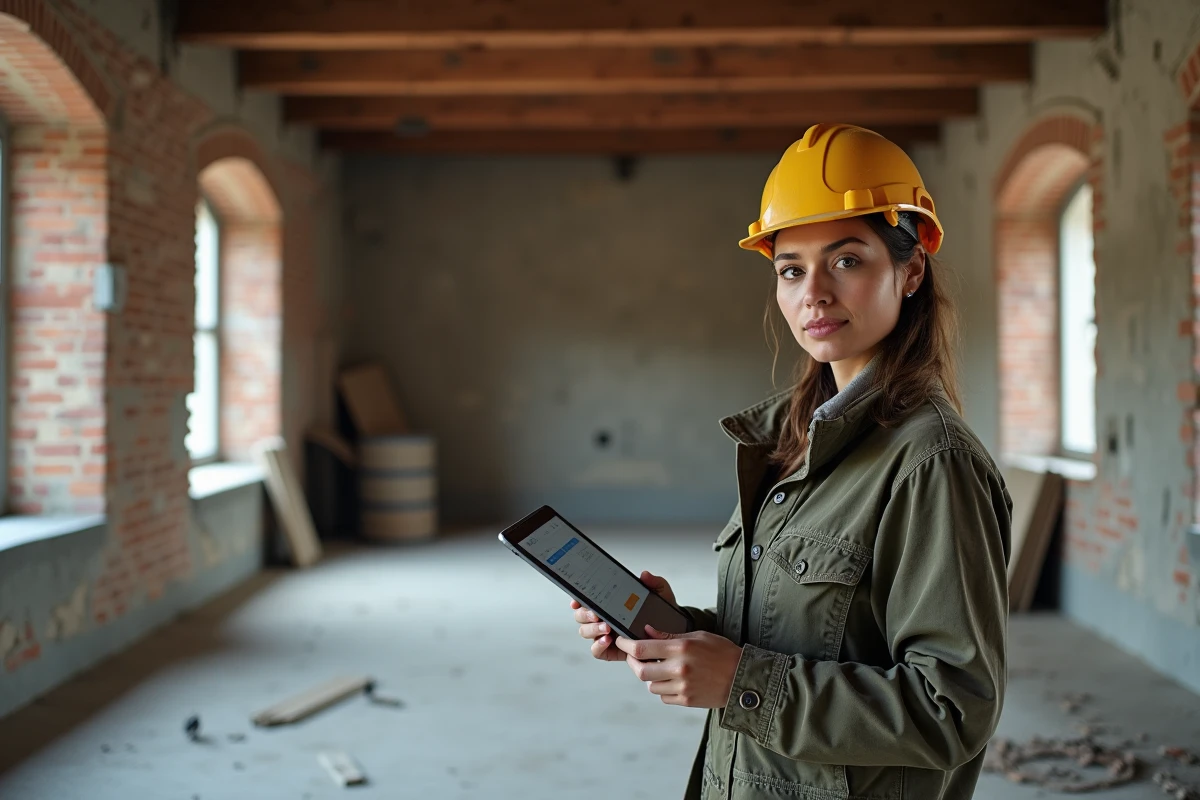 Entrepreneuse en rénovation consultant un devis numérique sur tablette dans une maison belge en gros œuvre