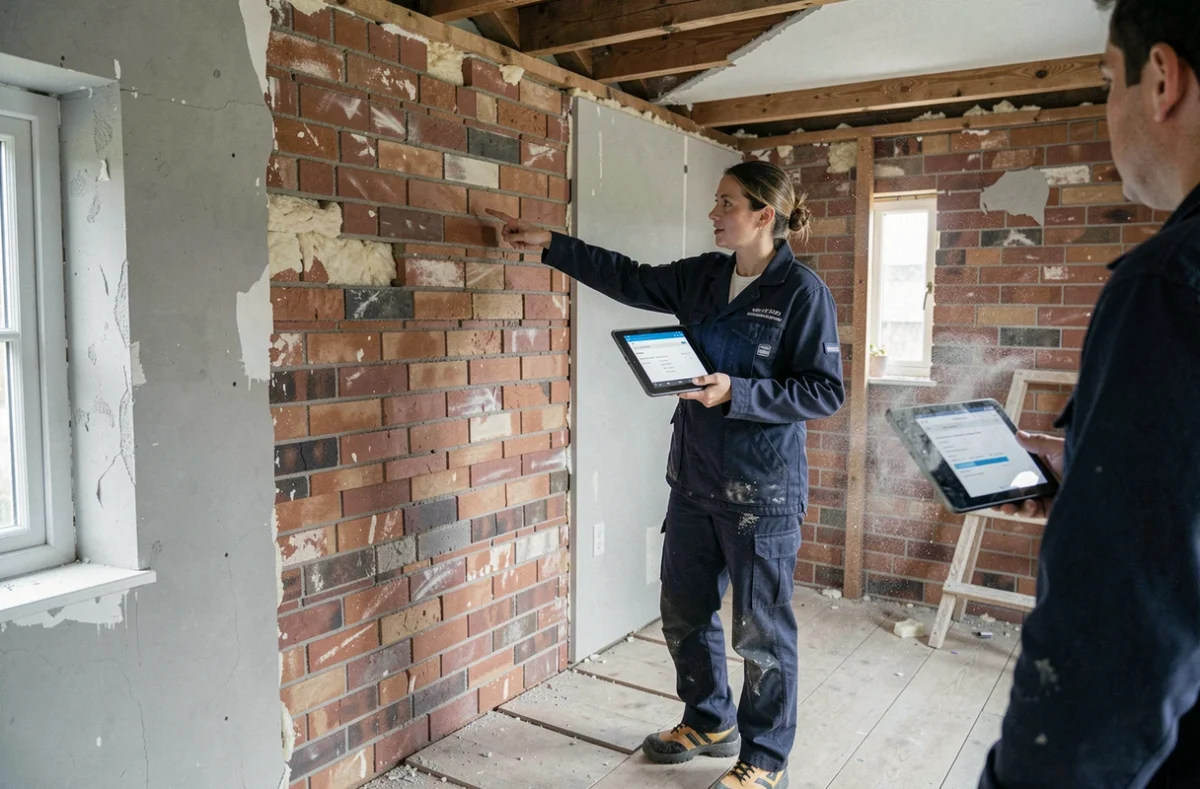 Entrepreneuse en rénovation présentant un devis gratuit sur tablette dans une maison belge en travaux