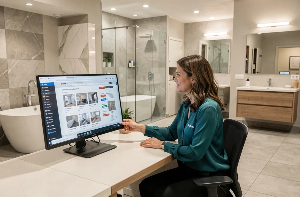Conseillère d'Envie de Salle de Bain Angers présentant des solutions de rénovation complète à une cliente dans le showroom