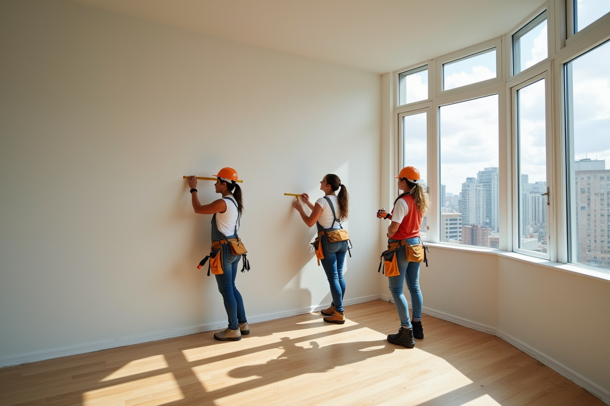 Equipe de travailleurs en rénovation mesurant un mur dans un appartement lumineux