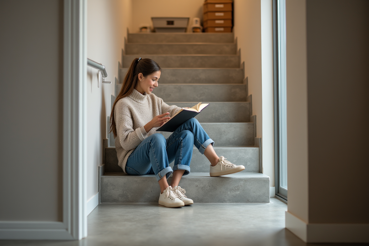 Jeune femme lisant un livre dans un sous-sol moderne bien organisé