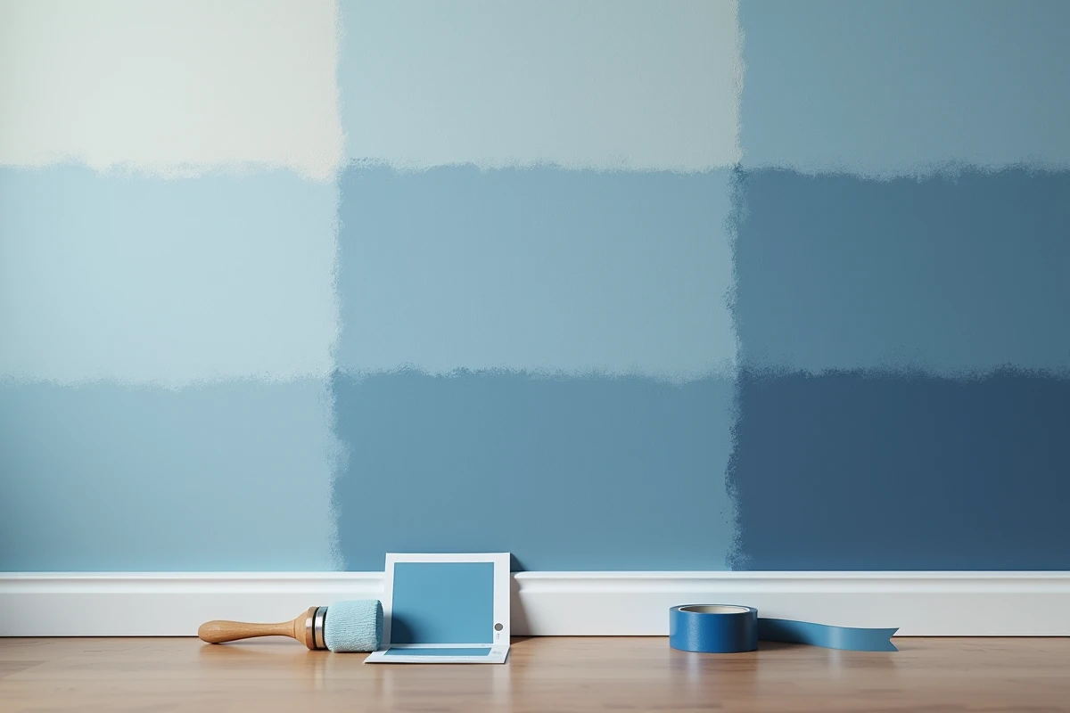 Détail de mur avec trois teintes de bleu comparées pour illustrer l'évolution des couleurs d'une chambre de garçon du bébé à l'adolescent sans repeindre entièrement